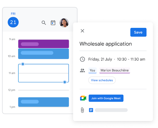 Google Calendar UI snapshot showing a user setting up a meeting, inviting users and generating a Google Meet link.