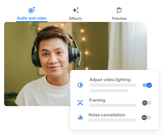 Google Meet UI showing video lighting, framing, and noise cancelling features.