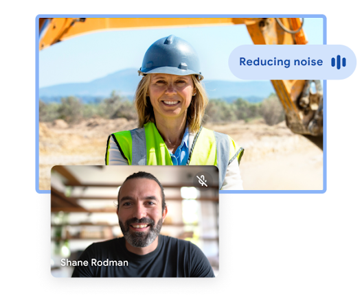 Google Meet video call with one user in living room and one user outdoors, with product UI depicting active noise cancellation. 